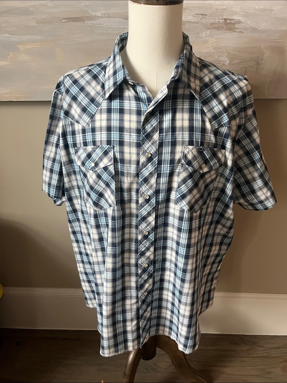 Rustler blue plaid pearl snap western style shirt